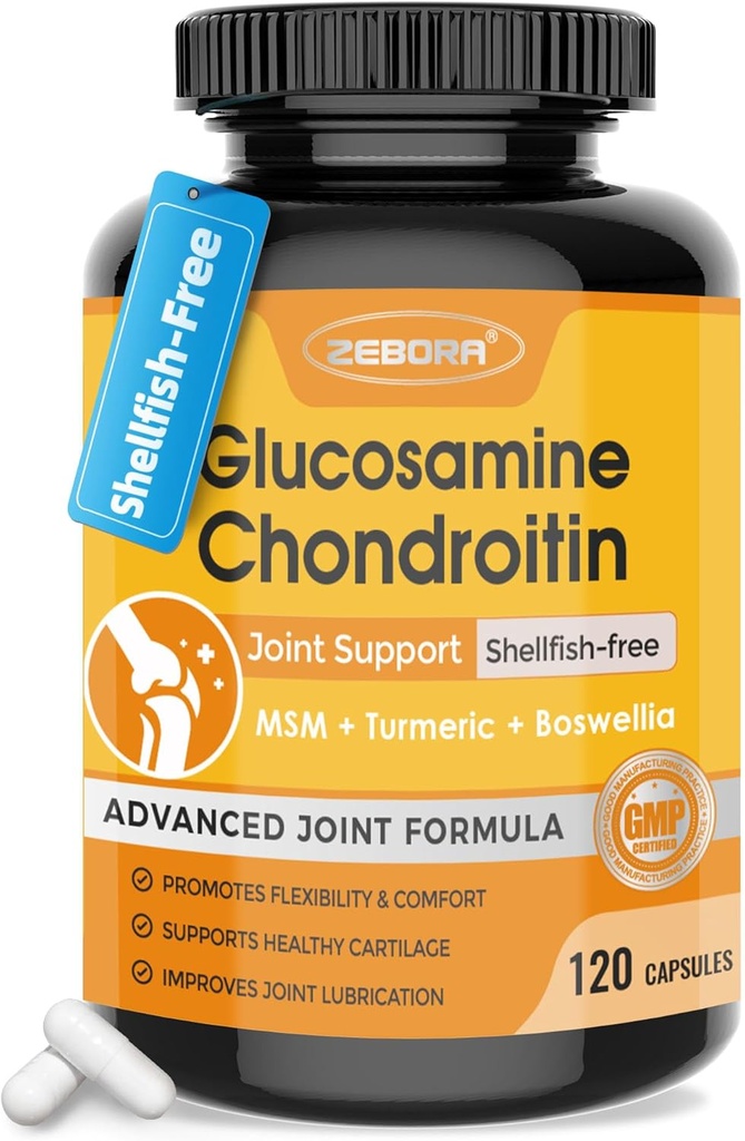 ZEBORA glucosamine Chondroïtine Joint Support Supplément, avec MSM Turmeric Boswellia, Glucosamine Sulfate, Glucosamine Chondroïtine MSM, pour Supports et Relief, 120 Capsules