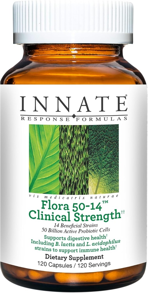 Formules de réponse innée Flora 50-14 Résistance clinique - Supplément probiotique avec 50 milliards CFU - 14 souches probiotiques - Végétarien et non-OGM - Fabriqué sans 9 allergènes alimentaires - 120 capsules