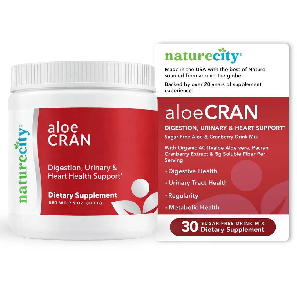 NatureCity AloeCran - Pure Aloe Vera Blend avec supplément de poudre de canneberge - Mélange de fibre de sucre pour la santé digestive et urinaire - Gut & Metabolic Health Support - 30 jours d'approvisionnement