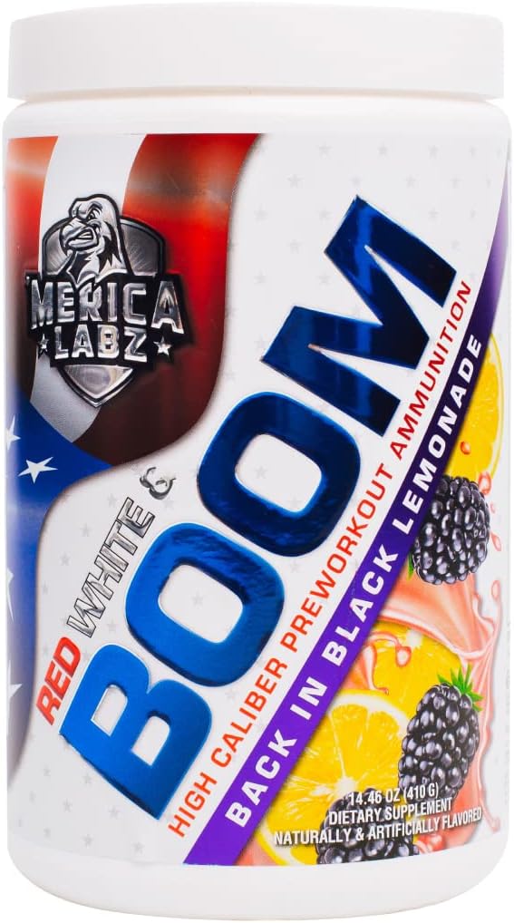 « Merica Labz Red, White, and Boom, High Caliber Pre Workout avec VasoDrive-AP®, 350mg Caféine, Max Énergie, Pompe et Focus, Augmentation du débit sanguin et du volume musculaire, 20 portions (retour en limonade noire)