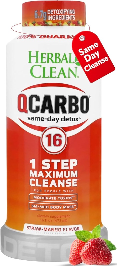 Herbal Clean Qcarbo16 Same-Day Detox Cleanse Drink (16 fl oz) - Fraise Mango Flavor Full Body Cleanse* Detox Drink for Modéré Texin Level*, Vitamine B2 et Vitamine B12 pour les hommes et les femmes