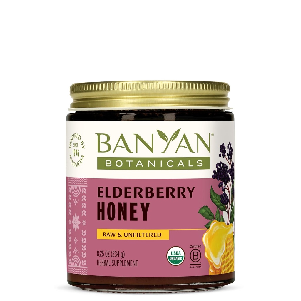 Banyan Botanicals Organic Elderberry Honey – With Sambucus, Amla & Marshmallow ­­– Elderberry Immune Support for Kids & Adults* – 8.25 Oz – Raw, Unfiltered, Pollinator-Friendly, Sustainably Sourced, Fair Wild