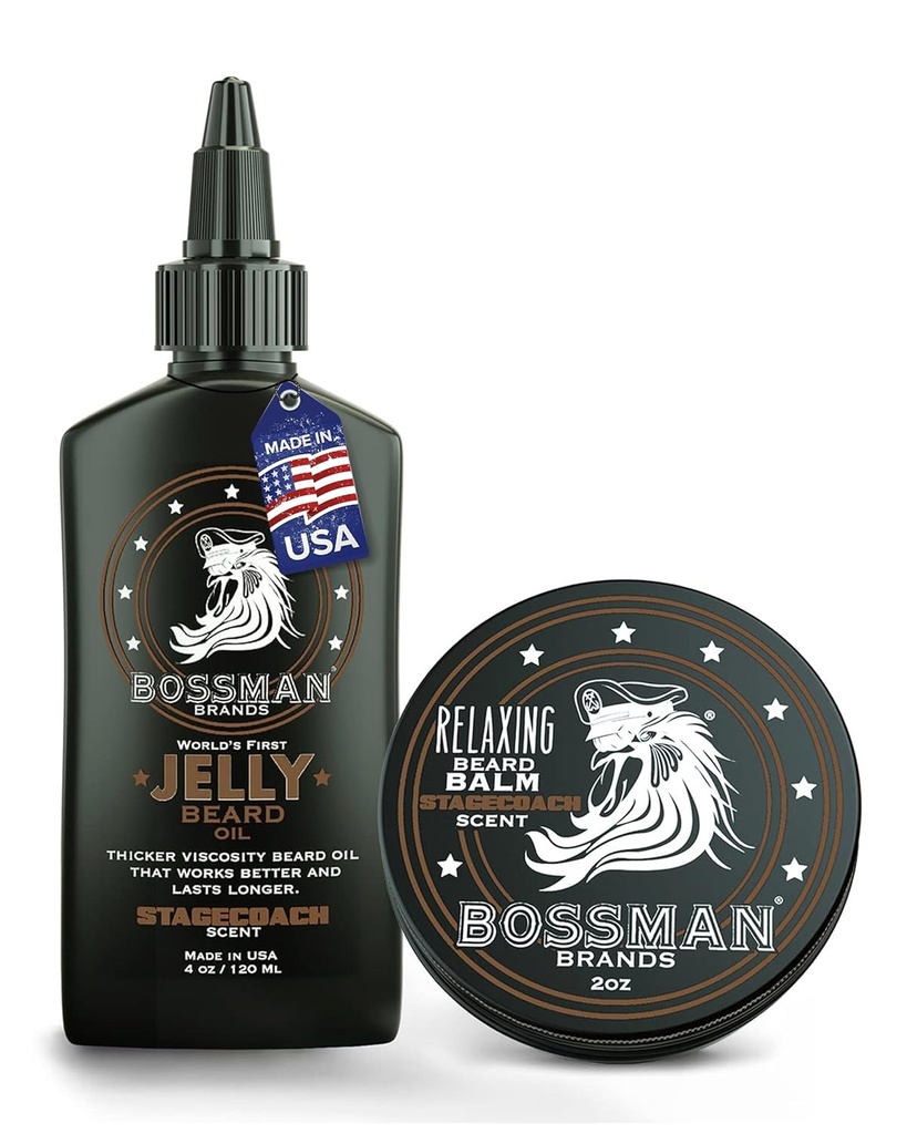 Bossman Jelly Bead Oil for Men & Beard Balm for Men Combo - Amollis, Tames Hydratants et Conditions - Stagecoach Scent - Ingrédients naturels et fabriqués aux États-Unis