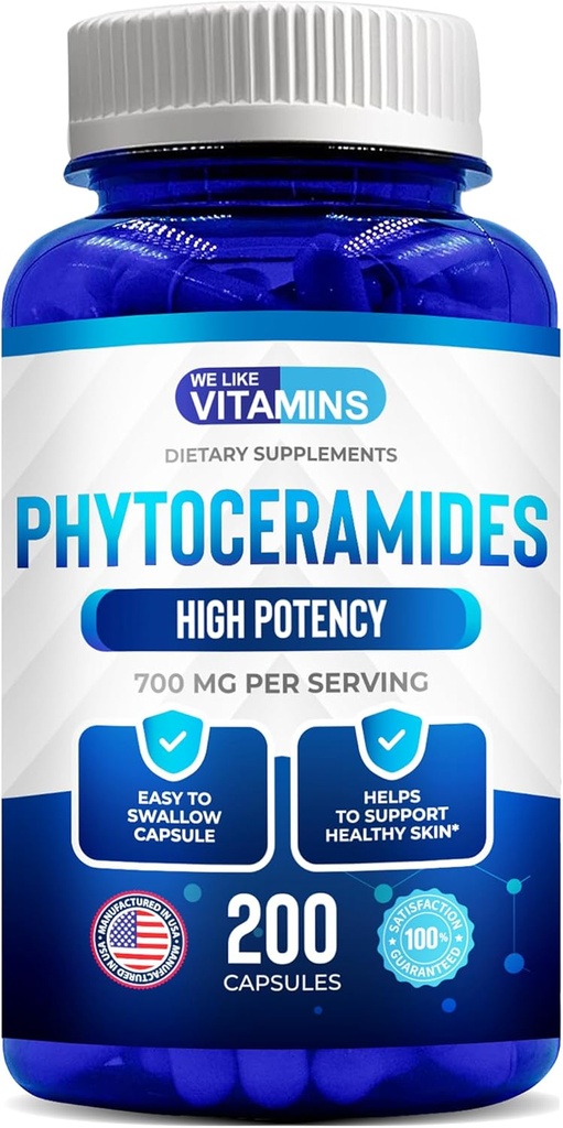 Nous aimons les vitamines Phytocéramides 700mg - 200 Capsules Tous sans blé naturel et à base de plantes - Supplément de phytocéramide - Supplément de peau pour les femmes - Céramides pour l'hydratation, la réparation, le rajeunissement de la peau