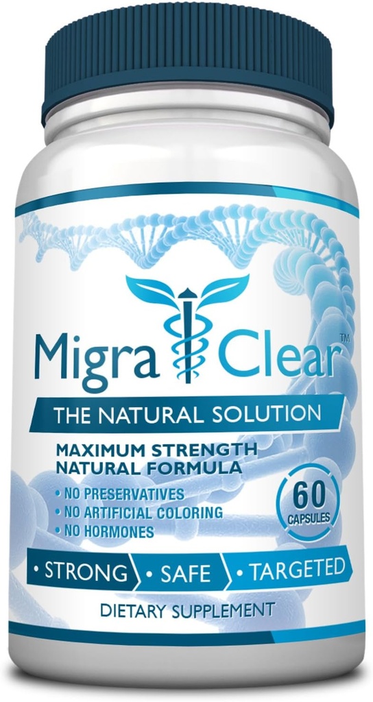 All Natural Migraine Support - Magnésium, Ginkgo Biloba, Ginger, White Willow, Feverfew - 60 Capsules - 1 Bouteille