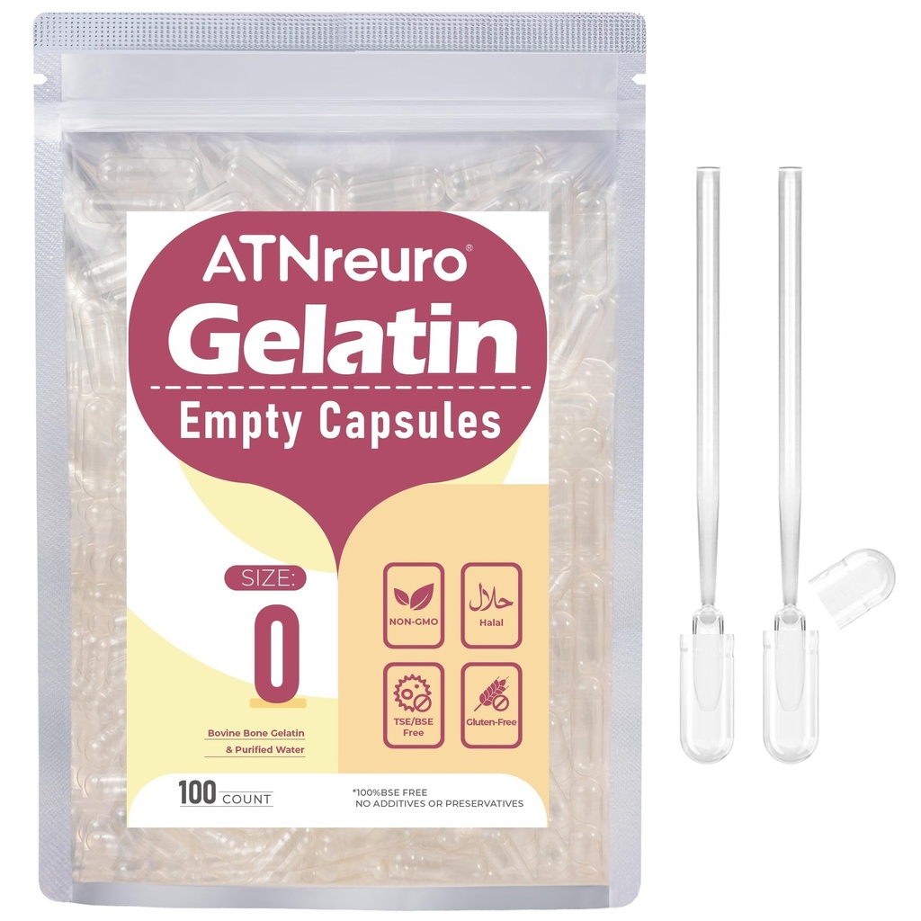 Taille 0 Capsules de gélatine vides avec 2 Micro Spoons - 100 Compte Capsule vide - Gel Pill Capsules pour poudres Suppléments