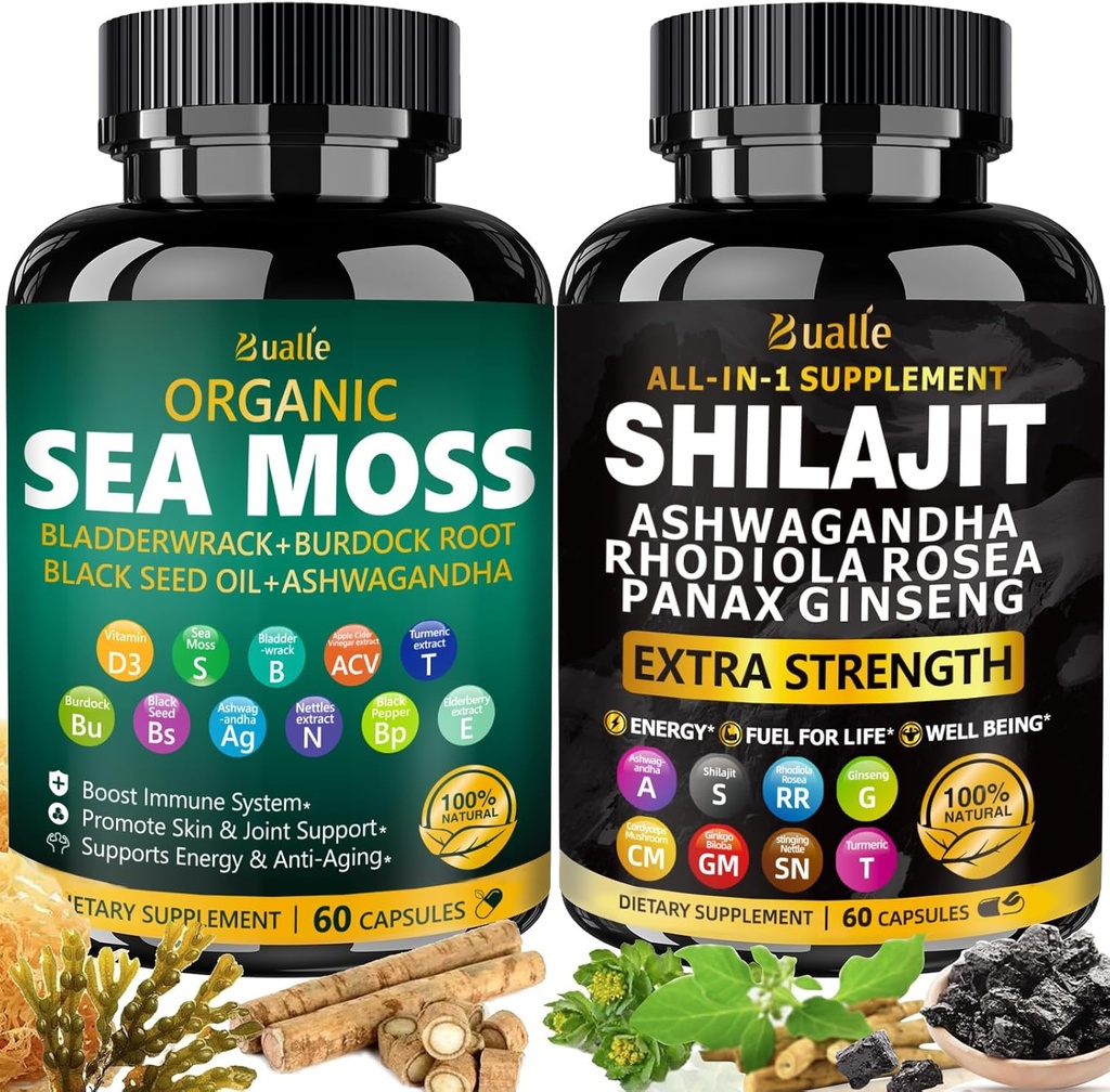 Bualle Sea Moss and Shilajit Bundle-Sea Moss 300mg,Huile de graines noires 100mg,Ashwagandha 50mg,Ginger & Shilajit 300mg,Rhodiola Rosea 100mg,Panax Ginseng 50mg,Tous en 1 Suppléments-USA Made(2 Pack)
