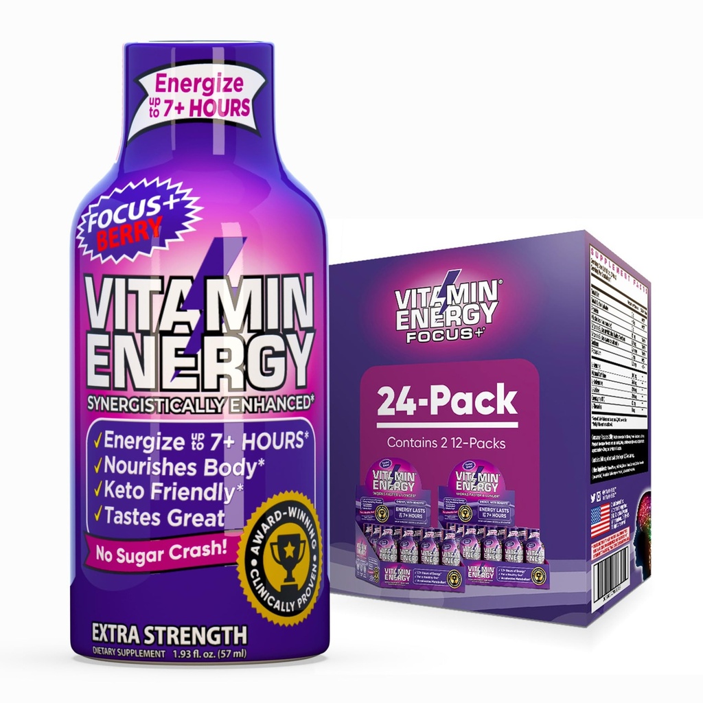 Vitamine Energy Focus+ Extra Strength Energy Shot Berry 24 Pack, 260mg Caféine naturelle, B-Vitamines, CoQ10, Acides aminés, Focus, Productivité et Clarté, Zéro sucre, Sans gluten, 1,93 fl oz