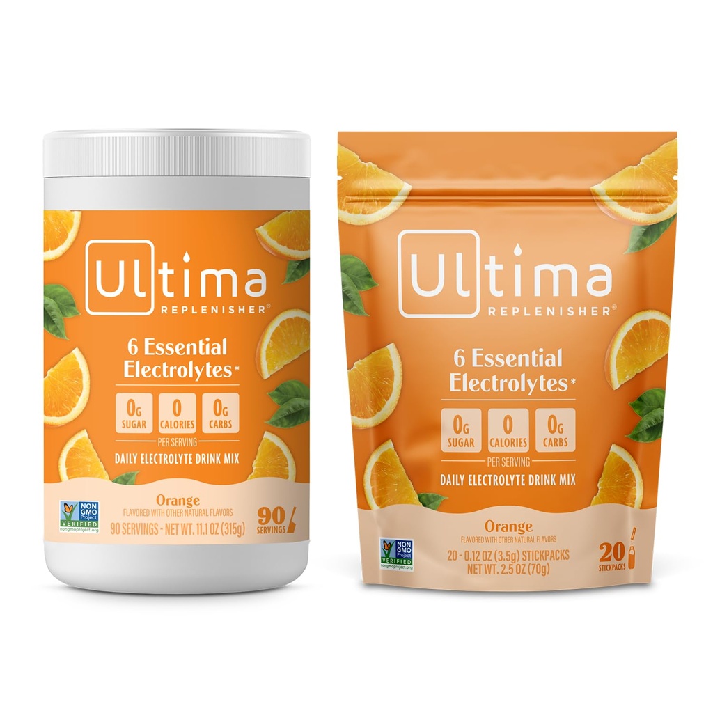 Ultima Replenisher Mélange de poudre d'électrolyte – sans sucre – orange, 90 boîtes de service et 20 sacs à bâtons – 6 électrolytes et minéraux – Keto Friendly, Vegan, Non-OGM