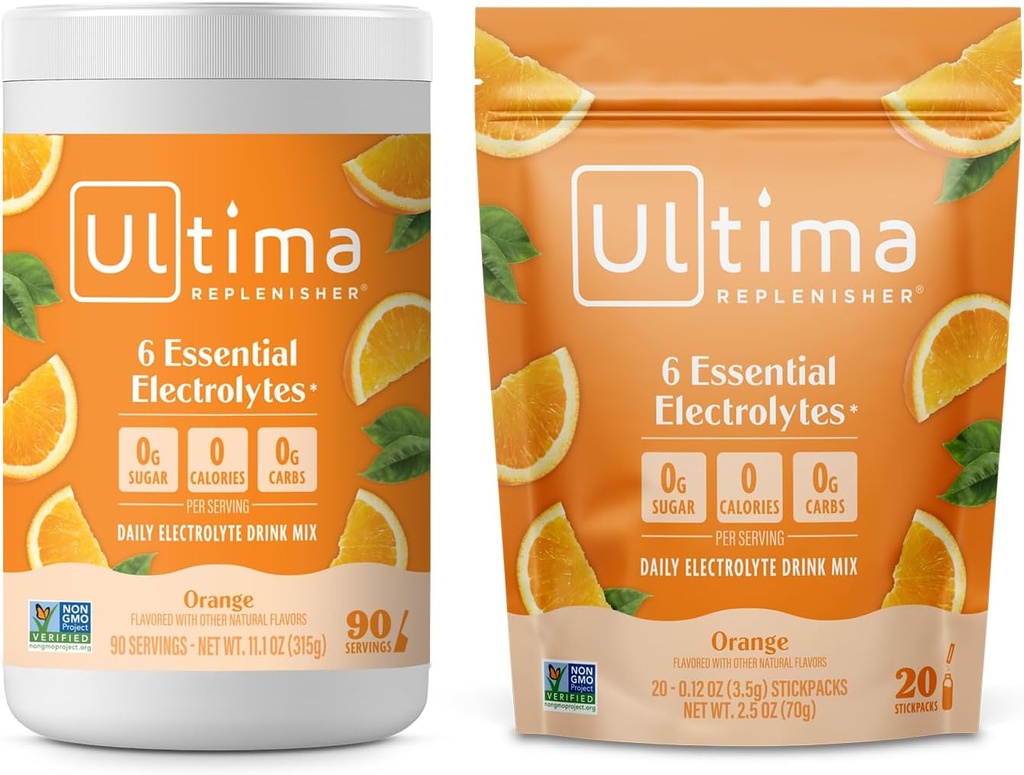 Ultima Replenisher Mélange de poudre d'électrolyte – sans sucre – orange, 90 boîtes de service et 20 sacs à bâtons – 6 électrolytes et minéraux – Keto Friendly, Vegan, Non-OGM