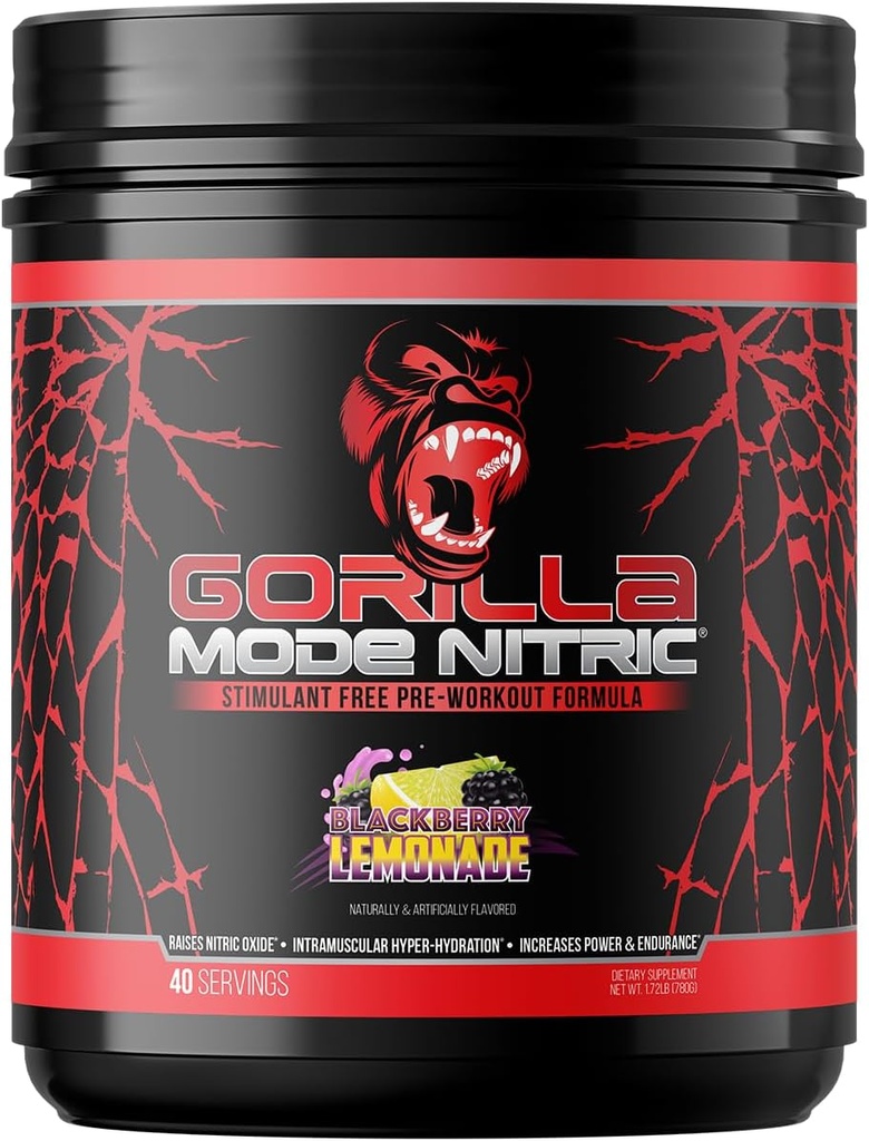 Gorilla Mind - Gorilla Mode Nitrique amélioré Stimulant libre pré-entraînement – Meilleur Dégustation et plus efficace Stimulant libre pré-entraînement / Massive pompe · Vasodilatation · Puissance / 780 Grams (BlackBerry Lemonade)