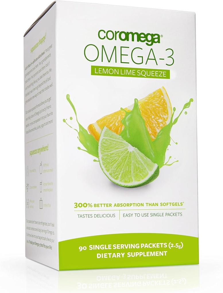Coromega Omega 3 Supplément huile de poisson, 650mg d'oméga-3s avec 3X meilleure absorption que les softgels, citron Lime Saveur, 90 Packets de compression à usage unique