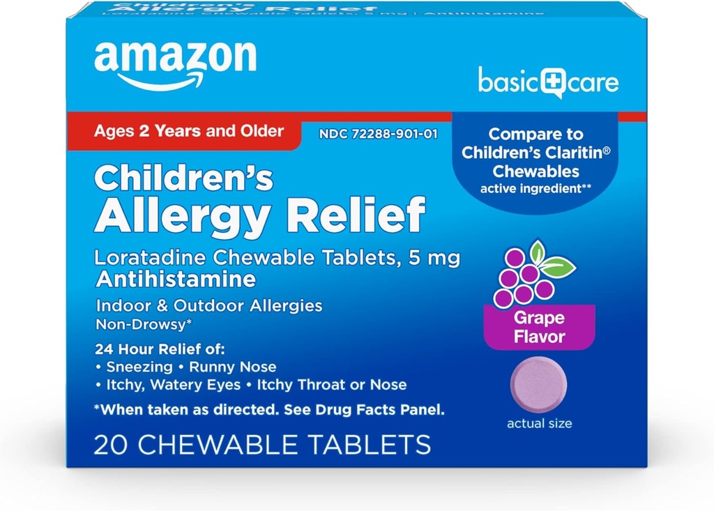   Basic Care Children's Allergy Relief, Loratadine Chewable Tablets, 5 mg, Grape Flavored, Ages 2 and up, 20 Count