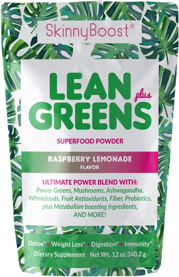 SkinnyBoost - Lean Greens & Super Food Powder - Ultimate Power Blend with Green Tea, Mushroom Blend, Ashwagandha, Spirulina Algae & Wholefoods - Natural Detox & Clean Energy - 30 Servings -12 Oz