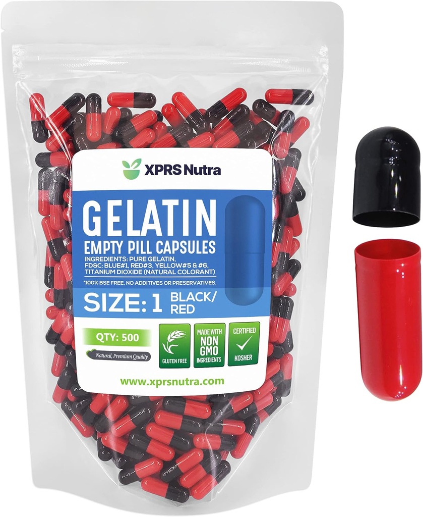 XPRS Nutra Taille 1 Capsules vides - 500 Capsules de gélatine vides en nombre - Remplissage de capsules de supplément de bricolage - Pilules de gel de couleur rechargeable pour les suppléments de Do-It-Youlf (Noir/Rouge)