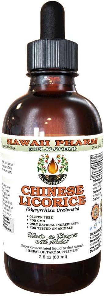 Hawaii Pharm Extrait liquide sans alcool de réglisse chinoise, réglisse chinoise (Glycyrrhiza Uralensis) Glycérite racine supplément naturel à base de plantes 2 oz