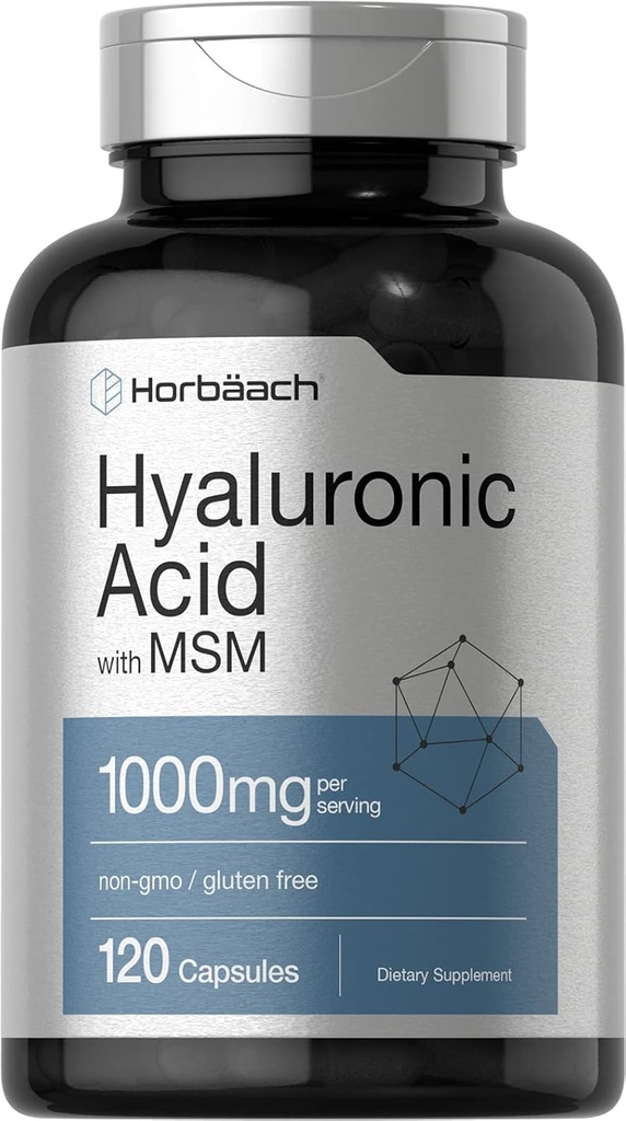 Horbäach Acide hyaluronique avec MSM, 1000 mg, 120 capsules, sans OGM et supplément sans gluten Formule biodisponible