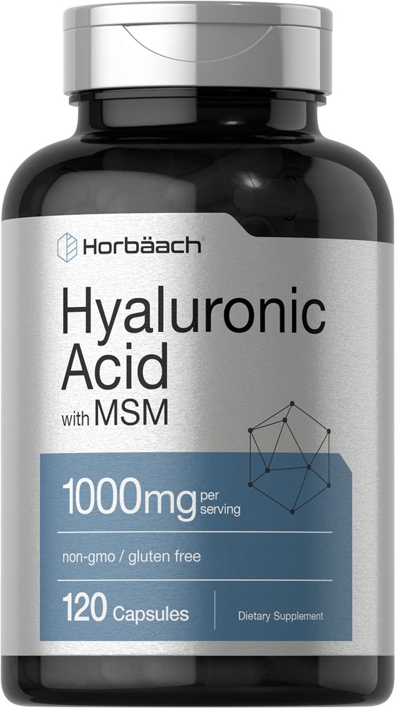 Horbäach Acide hyaluronique avec MSM, 1000 mg, 120 capsules, sans OGM et supplément sans gluten Formule biodisponible