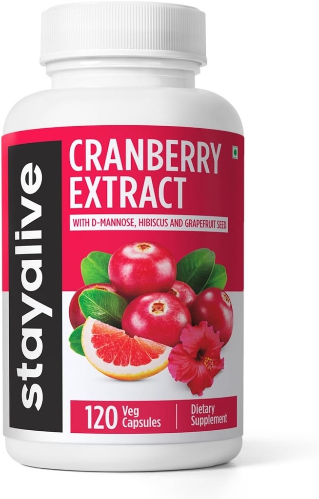STAY ALIVE Cranberry Pills for Women and Men 1000mg with D-mannose, Hibiscus and Grapefruit Seed Extract, 120 Count, D-mannose Cranberry Supplement, Vegan, Non-GMO & Gluten-Free Powder Capsules