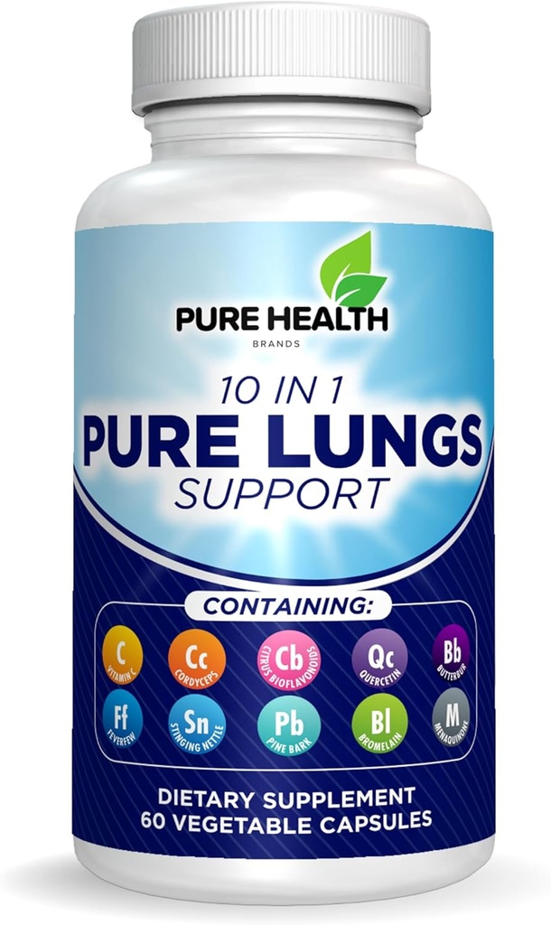 Pure Lungs Support – 10-en-1 Lung Cleanse & Detox Supplément pour les fumeurs et la santé respiratoire – avec Quercetin, NAC, Cordyceps, Pine Bark, Vitamine C & Butterbur – 60 Capsules