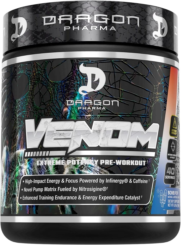 DRAGON PHARMA Venom Extreme Potency Pre-Workout, Laser Sharp Focus + Energy, Intense Performance, Proven Ingredients for Enhanced Vasodilation & Endurance (40 Servings, Bomb Pop)
