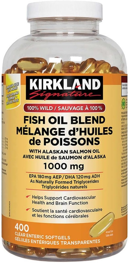 Costco Companies Inc. Kirkland Signature 100% mélange d'huile de poisson sauvage avec l'huile de saumon de l'Alaska, 1000mg, 400 Softgels