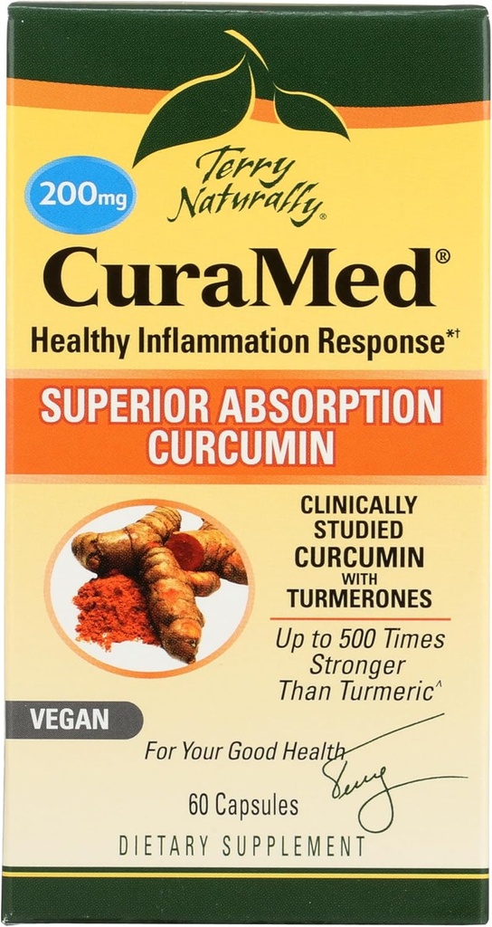 Terry naturellement CuraMed 200 mg - 60 softgels végétaliens - Absorption supérieure BCM-95 Supplément curcumin, favorise une réponse à l'inflammation saine - non-OGM, sans gluten, casher - 60 portions