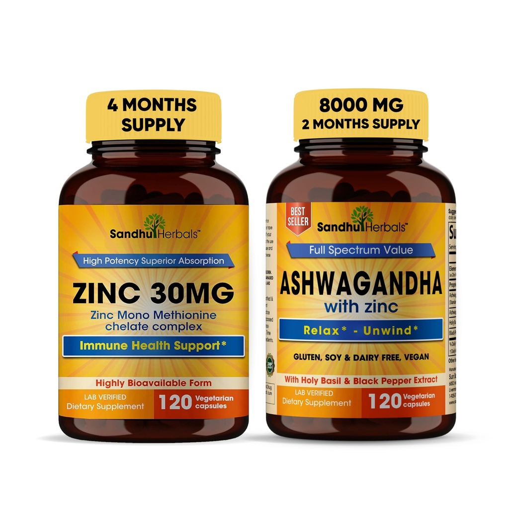 Sandhu Herbals Zinc 30mg Supplément et Organic 4 en 1 Ashwagandha Capsules avec Zinc.