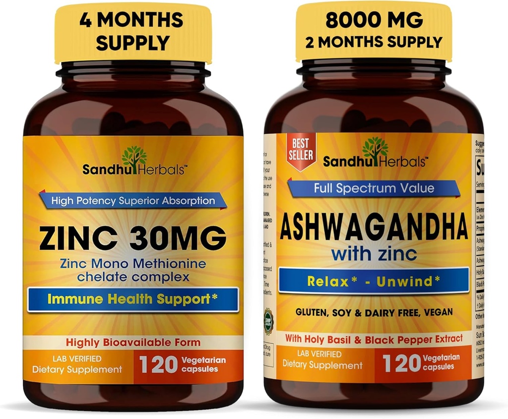 Sandhu Herbals Zinc 30mg Supplément et Organic 4 en 1 Ashwagandha Capsules avec Zinc.