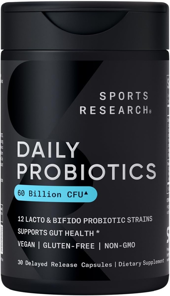Recherche sportive Probiotiques quotidiens avec prébiotiques, 60 Million CFU - Capsules végétaliennes pour la santé de Gut & Soutien digestif, Probiotiques pour les femmes et les hommes - Non-OGM Vérifié et sans gluten - 30 Compte