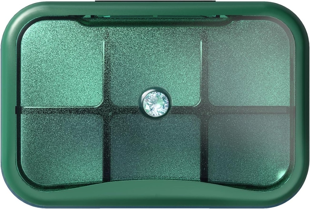 6 Compartiment Travel Pill Organizer, Petite Pill Box for Purse, Pocket Daily Pill Case Portable Medicine Pill Container, Weekly Vitamin Holder Organizer (Green with Rhinestone)