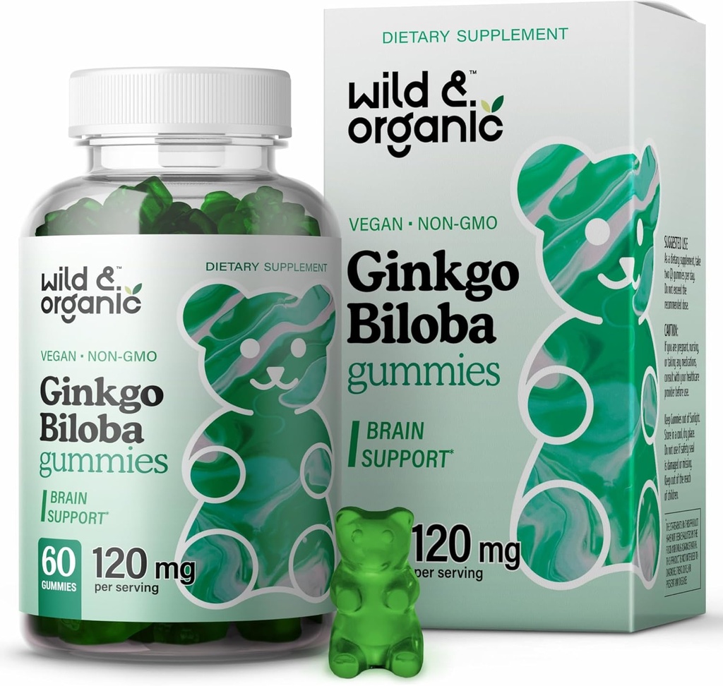 Wild & Organic Gingko Biloba 120mg Gummies - Supplément Soutien Cerveau et Focus w/Ginkgo Extrait Biloba - Vegan, non-OGM - 60 Pectines à base de plantes à croquer