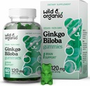 Wild & Organic Gingko Biloba 120mg Gummies - Supplément Soutien Cerveau et Focus w/Ginkgo Extrait Biloba - Vegan, non-OGM - 60 Pectines à base de plantes à croquer