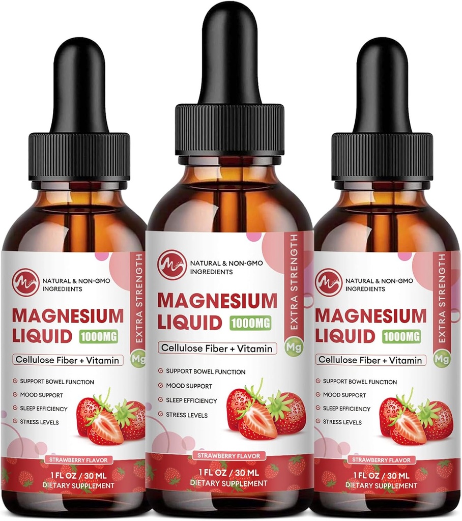 M inch (3 Pack) Gouttes de glycinate de magnésium - Supplément liquide de magnésium 1000mg avec fibre de bromelain vitamine B,C,D - 98% Absorption que les pilules Gummies