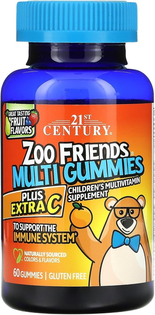 21st Century Zoo Friends Multi Gummies Plus Extra C, Fruit Flavors , 60 Count