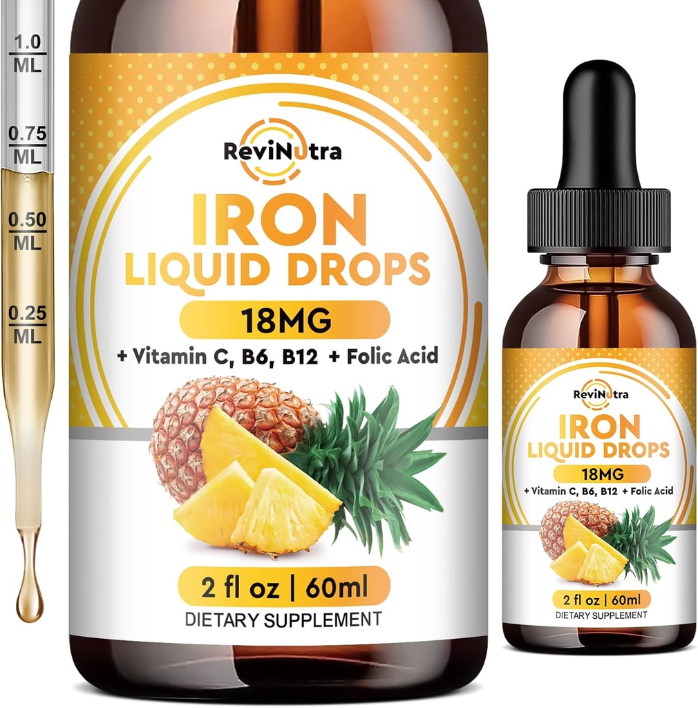 Supplément de fer liquide pour les femmes, les hommes et les enfants, gouttes de fer liquide avec folate, vitamine C, B6, B12 pour l'anémie, globule rouge, soutien énergétique, goût d'ananas, 2 Fl Oz