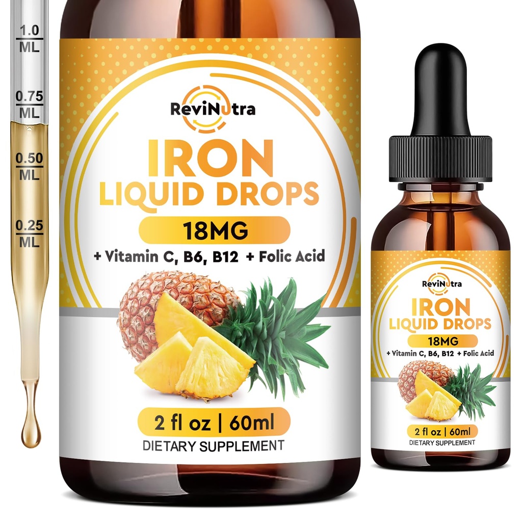 Supplément de fer liquide pour les femmes, les hommes et les enfants, gouttes de fer liquide avec folate, vitamine C, B6, B12 pour l'anémie, globule rouge, soutien énergétique, goût d'ananas, 2 Fl Oz