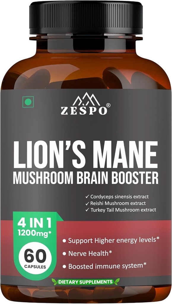 Lion’s Mane Mushroom Complex – 1200mg Brain Supplement for Memory, Focus & Clarity with Reishi & Cordyceps Sinensis – 60 Capsules