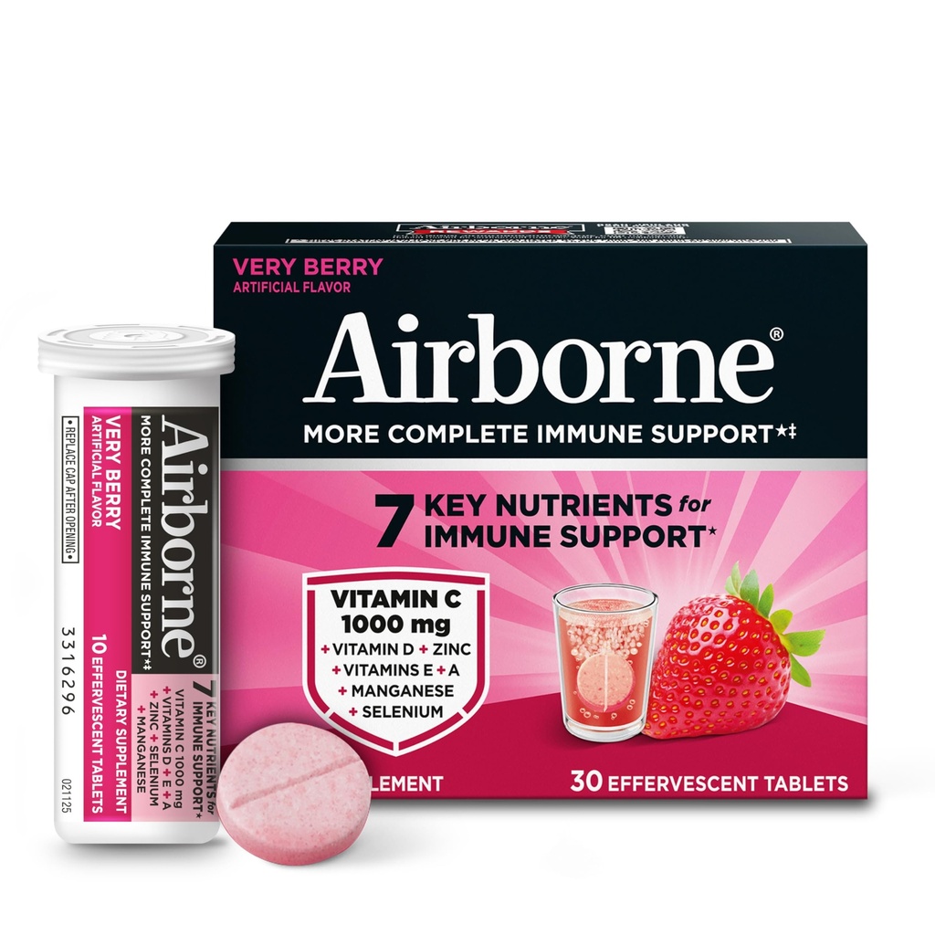 Airborne 1000mg Vitamine C avec vitamine D + Zinc sans sucre Multivitamine Immmune Support Comprimés de boissons gazeuses effervescents, Saveur très baie avec des antioxydants puissants VIT A C & E, 30 comprimés