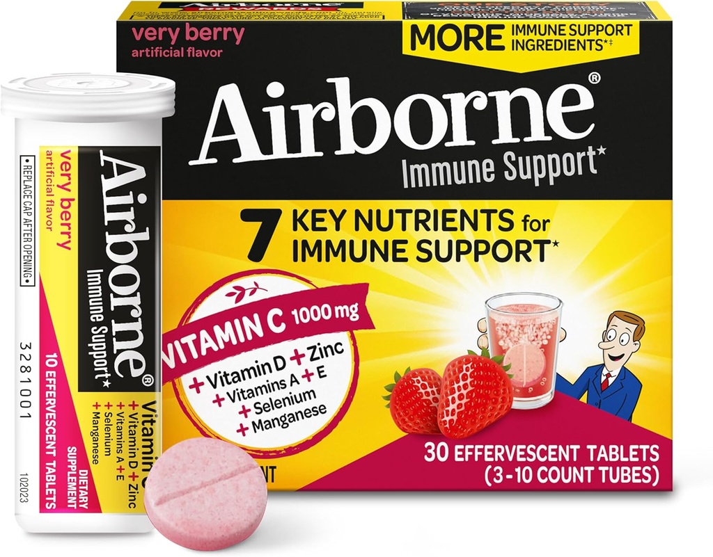 Airborne 1000mg Vitamine C avec vitamine D et zinc, Supplément de soutien multivitamine sans sucre, Antioxydants Vitamines A C et vitamine E, 30 comprimés effervescents, Saveur très baie