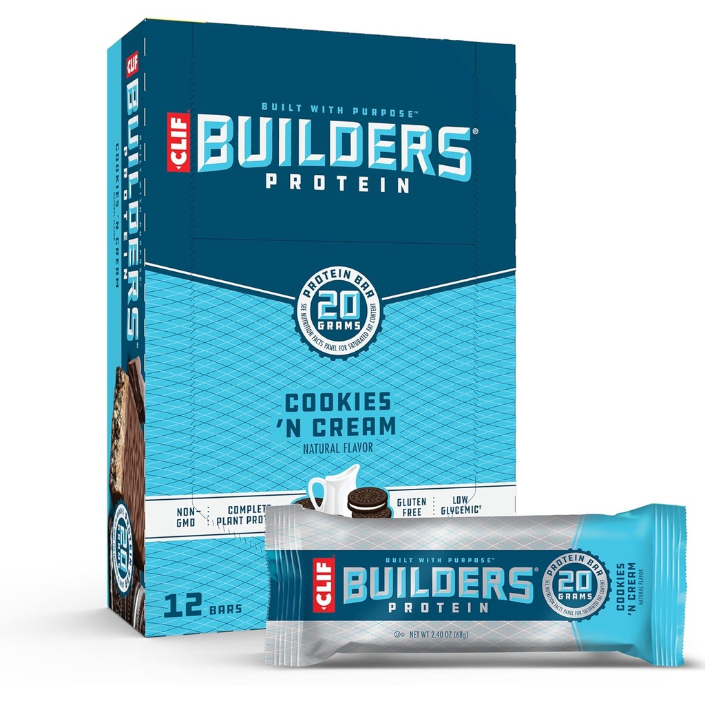 CLIF BUILDERS Protein Bars - Cookies 'n crème saveur - 20g Protéine végétale - Sans gluten - Non-OGM - Faible glycémique - Pas d'édulcorants artificiels - 2,4 oz. (12 Pack)