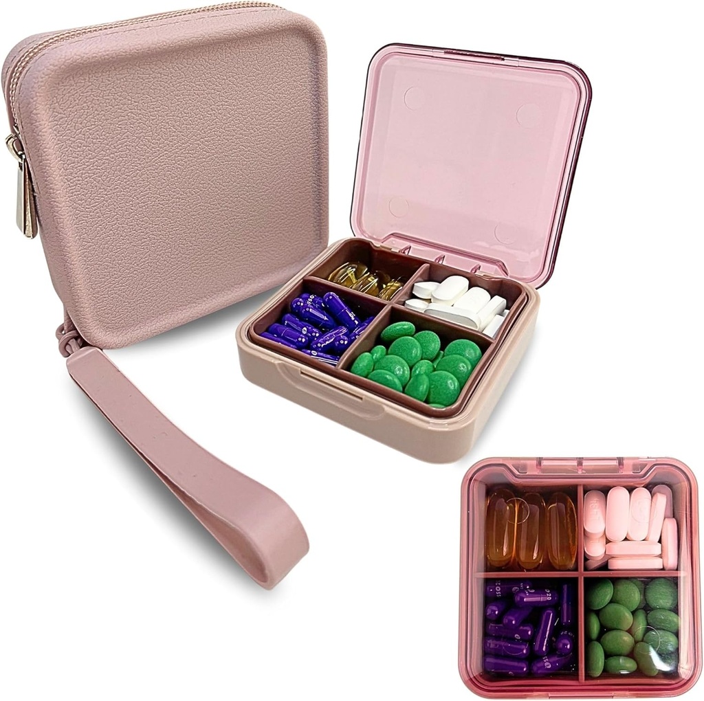 Pink- Petite Pill Case with Silicone Pill Pouch, 4 Compartiment Pill Organizer, Zipper Pill Case, Petite Pill Box for Purse, Sturdy Hinge, Multi purpose, pour vitamines et suppléments, sans BPA