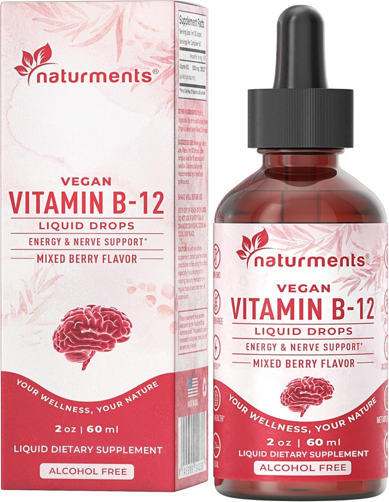 Naturments Vitamin B12 5000 mcg Organic Liquid Drops: Energy & Nerve Support- Vegan Alcohol Free, Non-GMO, Sugar Free 2 Fl Oz