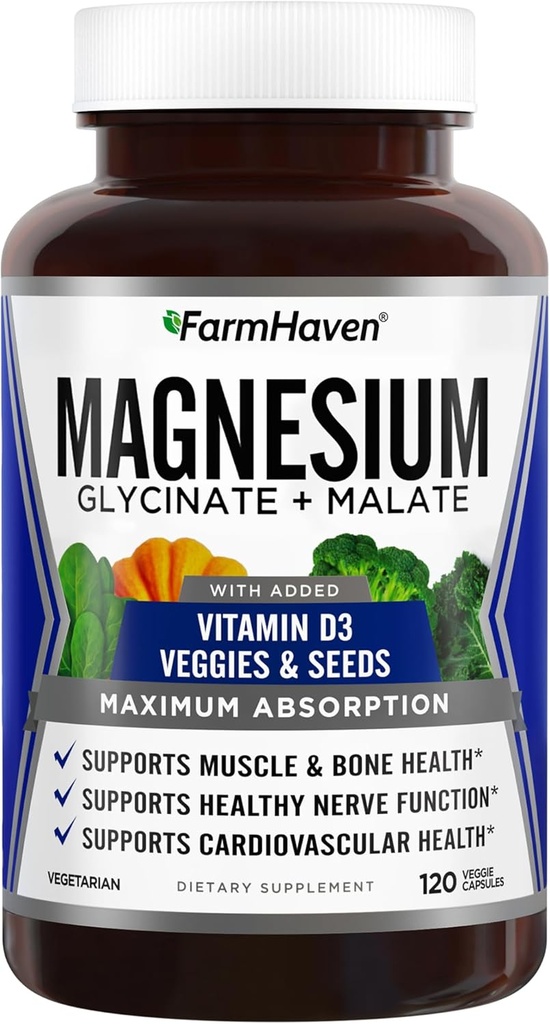 FarmHaven Magnésium Complex – Magnésium Glycinate et Malate avec/Vitamine D3, 100% Chélaté pour Max Absorption, Végétarien – Santé des os, Nerves, Muscles, 120 Capsules, 60 Jours