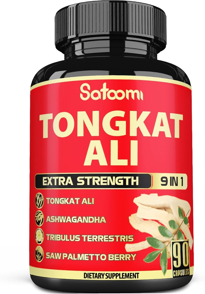 Satoomi 9in1 Extrait de racine de Tongkat Ali - Ashwagandha, Tribulus Terrestris - 90 capsules pendant 3 mois - Soutien de la force, de l'énergie et de l'immuno-santé