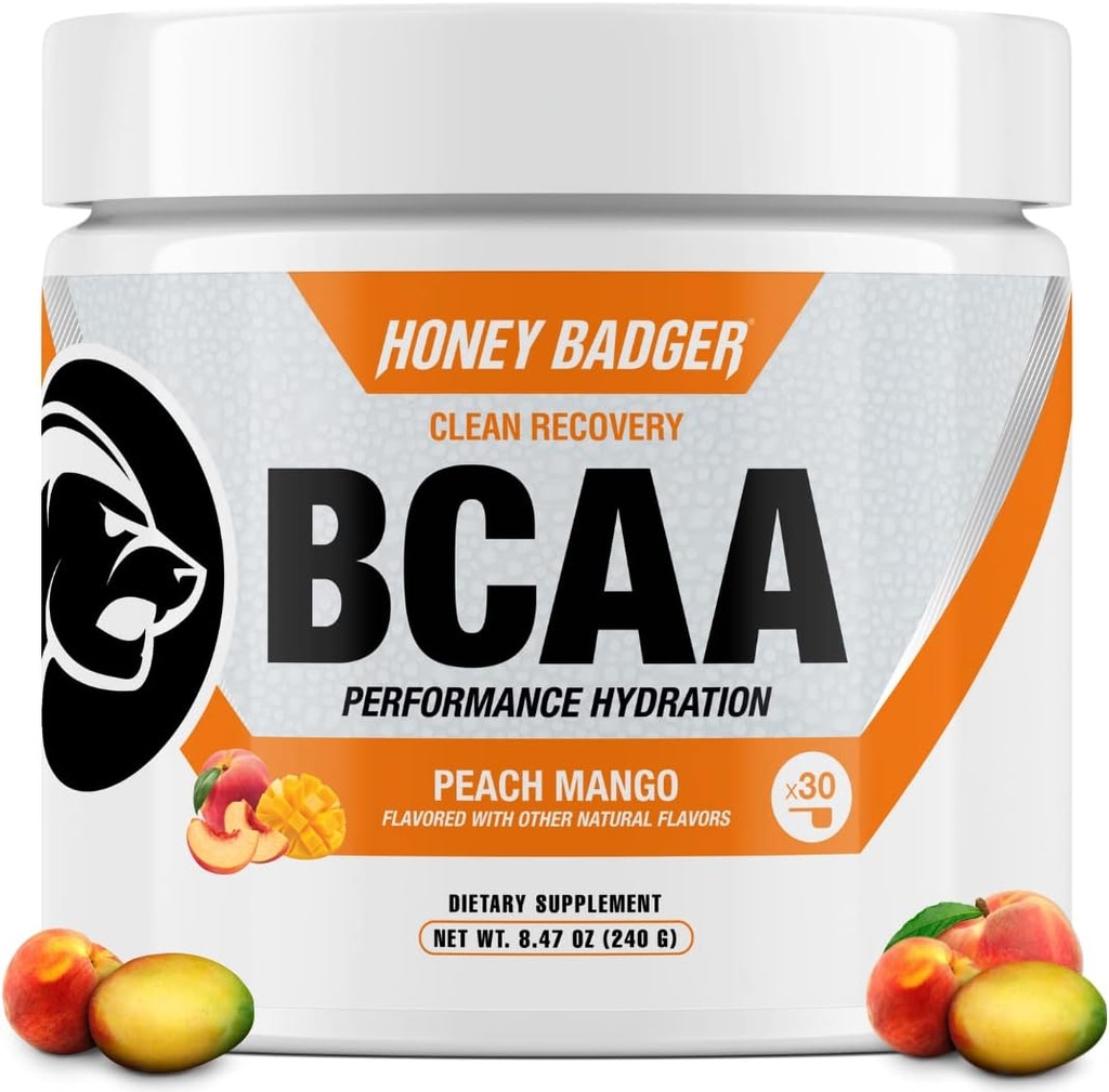 Blaireau au miel BCAA + EAA Amino Acides Poudre, BCAA + L-Glutamine, Keto, Vegan, Sans sucre pour les hommes et les femmes, Hydratation et post entraînement Muscle Recovery Drink Mix, Peach Mango, 30 portions