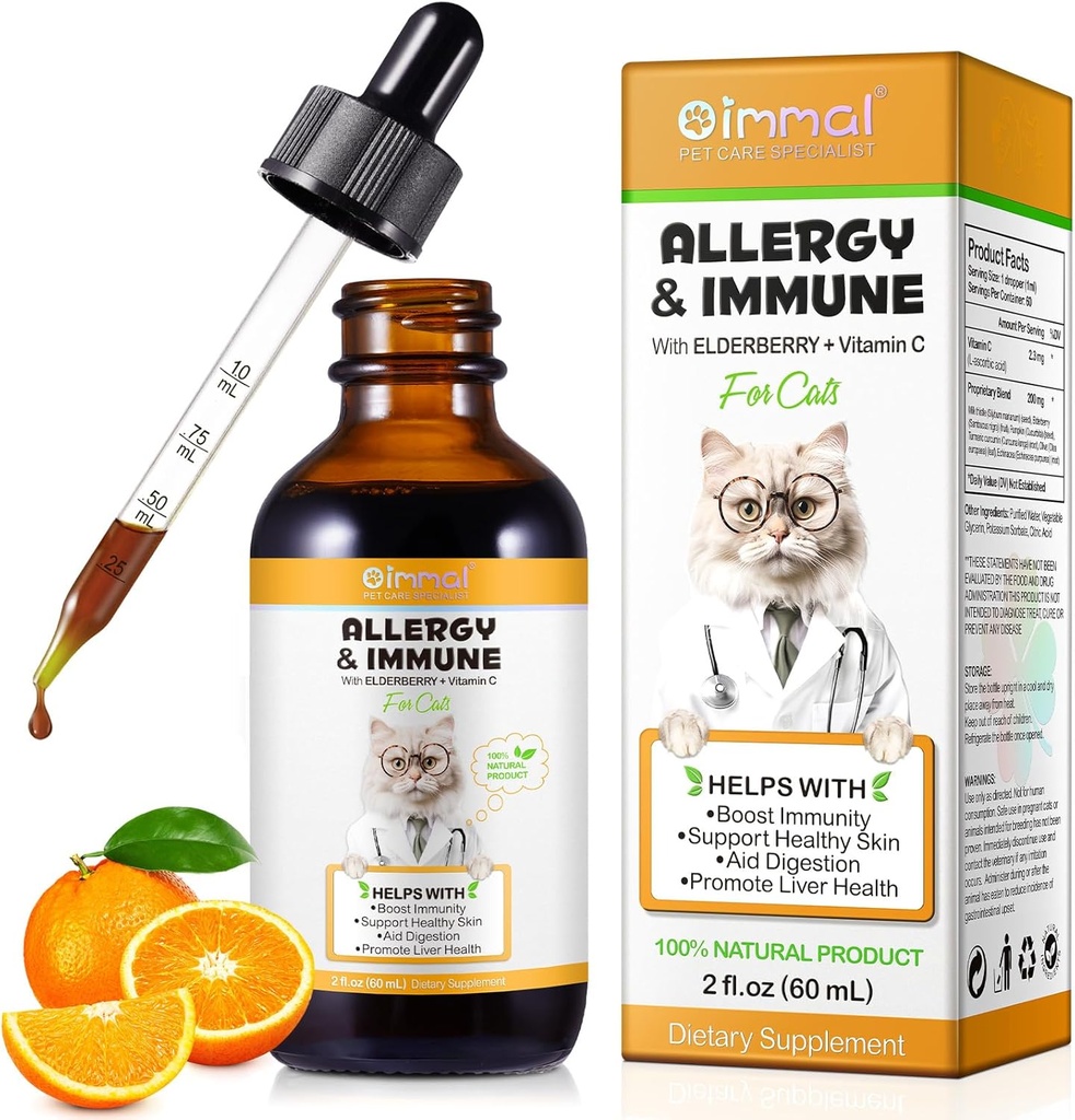 Des gouttes de soulagement de l'allergie pour les chats, traitement de rappel de l'allergie aux chats pour les allergies saisonnières et le système digestif, foie sain et immunitaire, supplément d'herbe de chat avec vitamine C, saveur de poulet - 60ml/2fl.oz