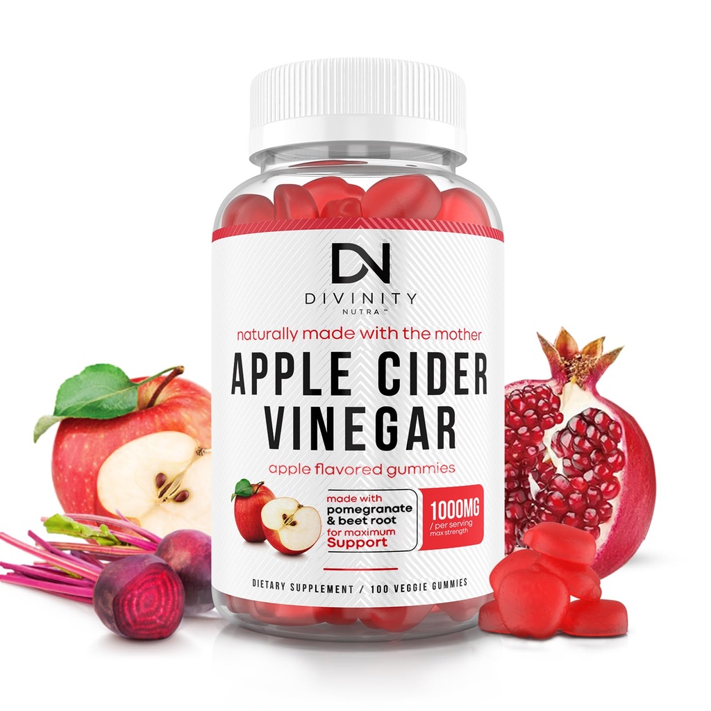 Gommies de vinaigre de cidre de pomme avec mère - Nettoyez et détox Gommies de vinaigre de cidre de pomme pour la perte de poids, la santé de Gut, le métabolisme - vinaigre de cidre de pomme avec mère avec vitamine B12, B6 et grenade et racine de betterave 100 Ct