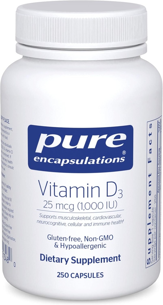Encapsulations pures Vitamine D3 25 mcg (1 000 UI) - Supplément pour soutenir la santé des os, des articulations, des seins, du coeur, des colonies et des immunes - avec la vitamine D Premium - 250 capsules