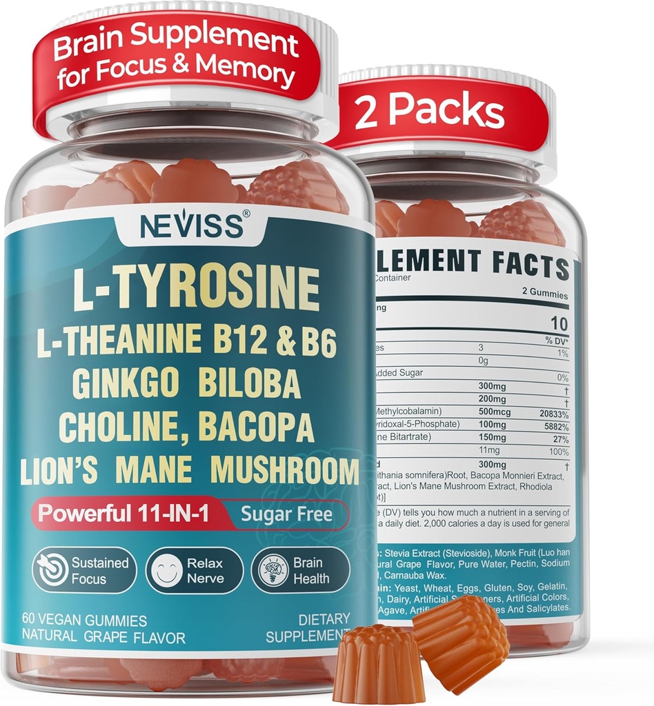 11-IN-1 Supplément Cerveau pour mémoire et focus avec L-Tyrosine L-Theanine, B12 et B6, Mushroom Lion's Mane, Ginkgo Biloba, Bacopa Monnieri, Choline for Focus, Nootropic, Energy, 2Packs